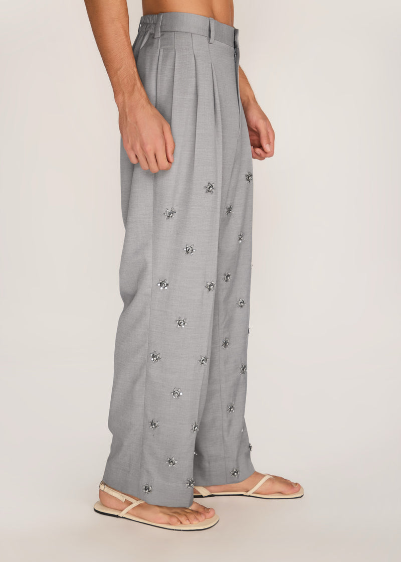 ROSANI The Ilchi trouser in steel - steel fluid suiting trouser with metal botanical accents, craft detail