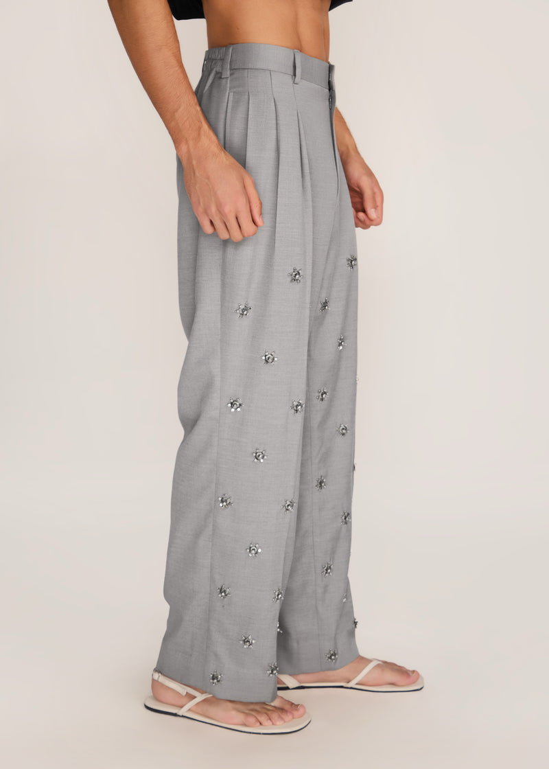 ROSANI The Ilchi trouser in steel - steel metallic-hem suiting trouser, side view