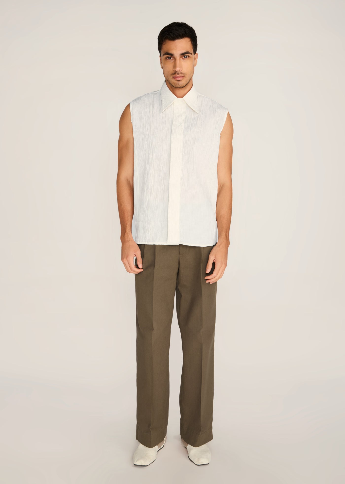 ROSANI The Incontro shirt in ivory - ivory crushed cotton sleeveless shirt, front view