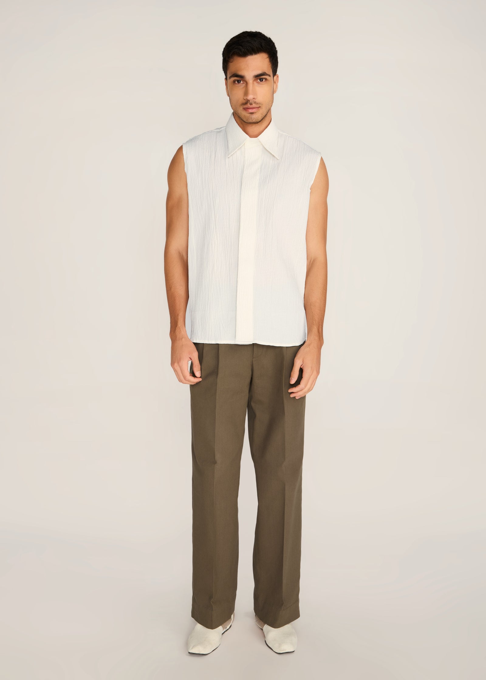 ROSANI The Incontro shirt in ivory - ivory crushed cotton sleeveless shirt, front view
