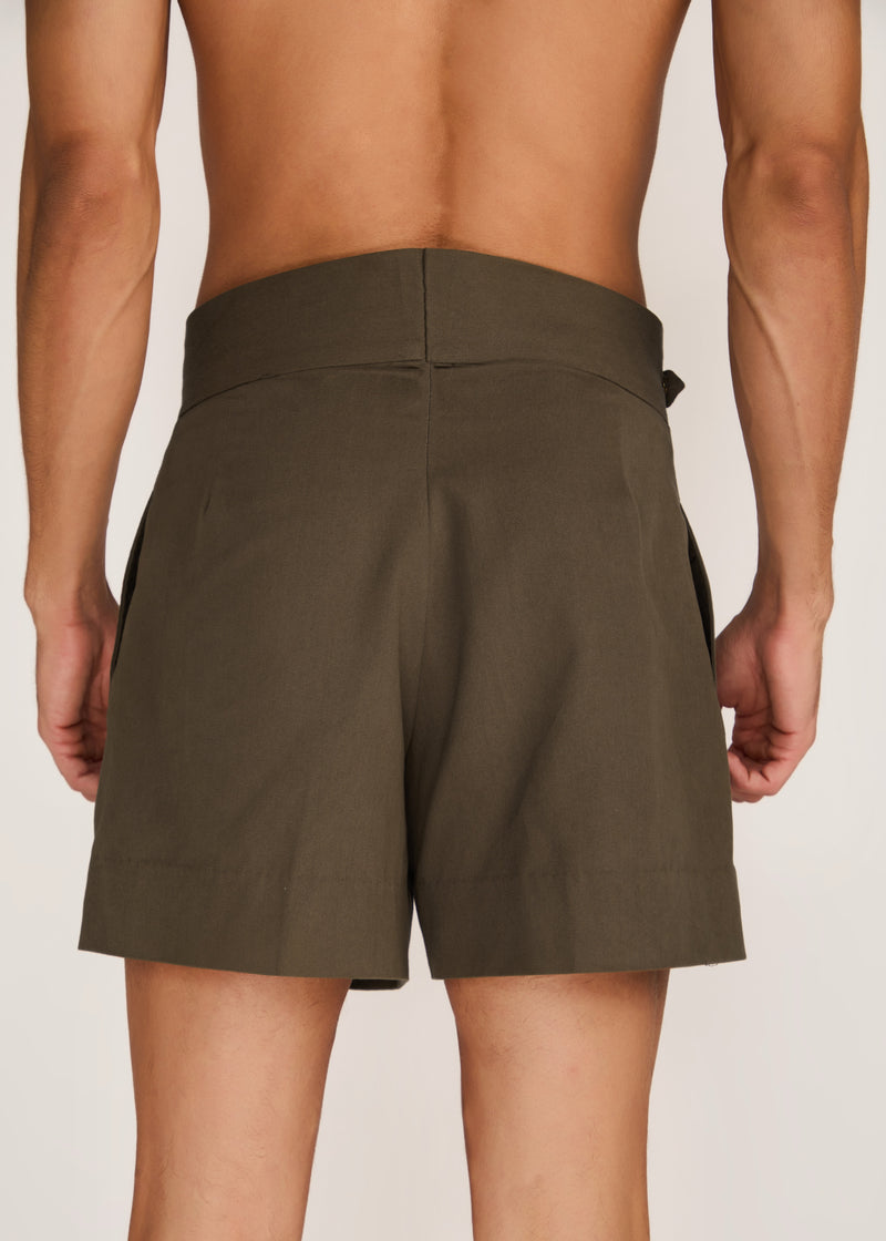 ROSANI The Ineritus shorts in deep olive - deep olive cotton belted shorts, back view