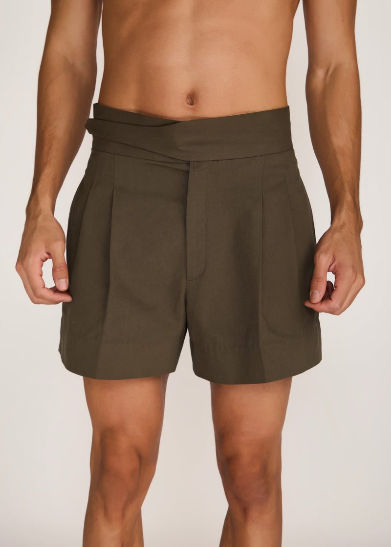 ROSANI The Ineritus shorts in deep olive - deep olive cotton belted shorts, front view