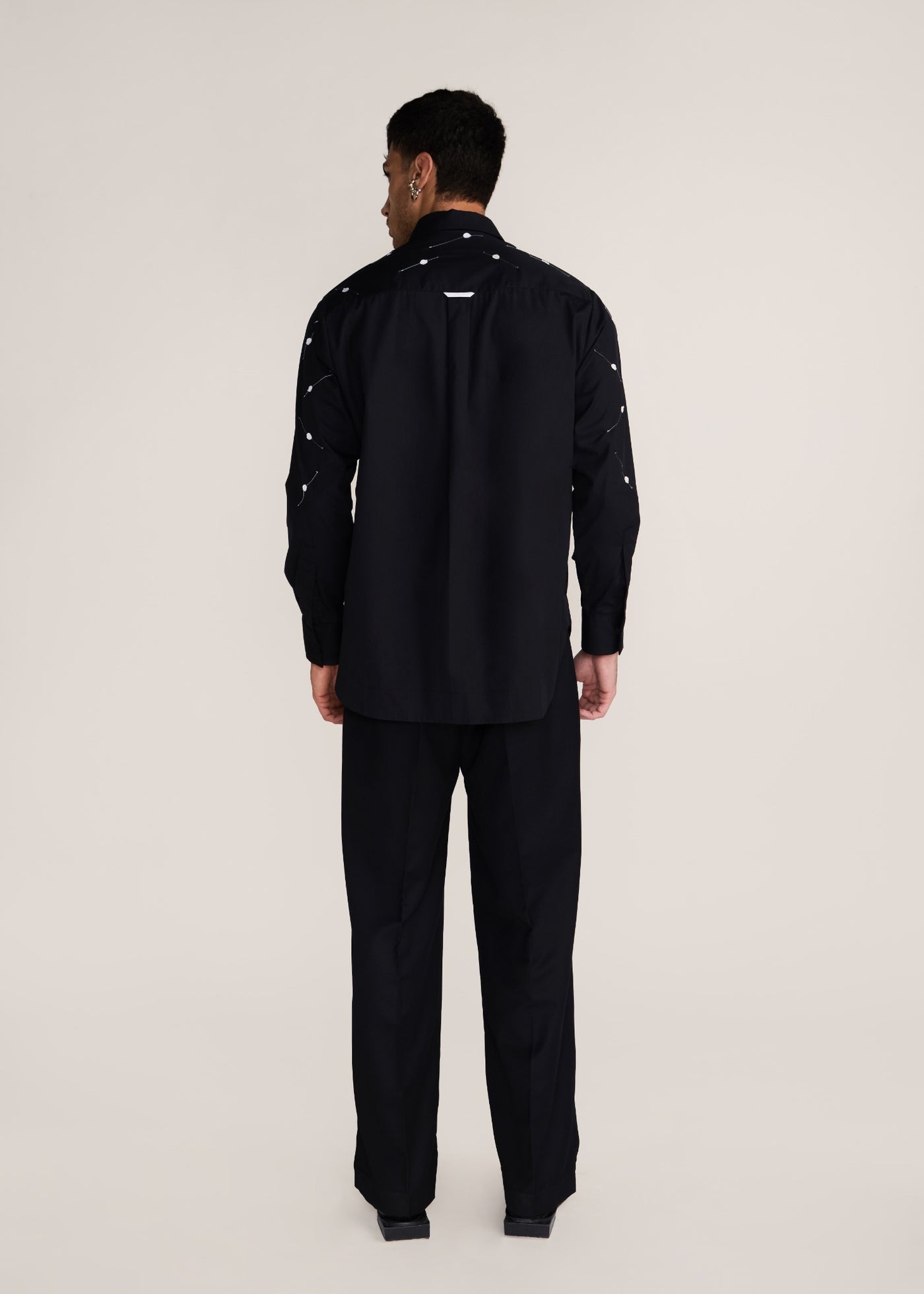 ROSANI The Ittihad shirt in black - black poplin pintuck and disc shirt, back view