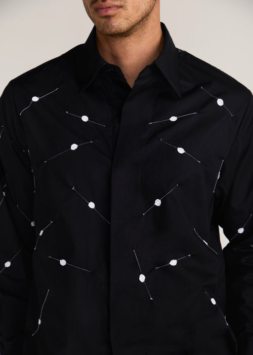 ROSANI The Ittihad shirt in black - black poplin pintuck and disc shirt, craft detail