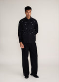 ROSANI The Ittihad shirt in black - black poplin pintuck and disc shirt, front view