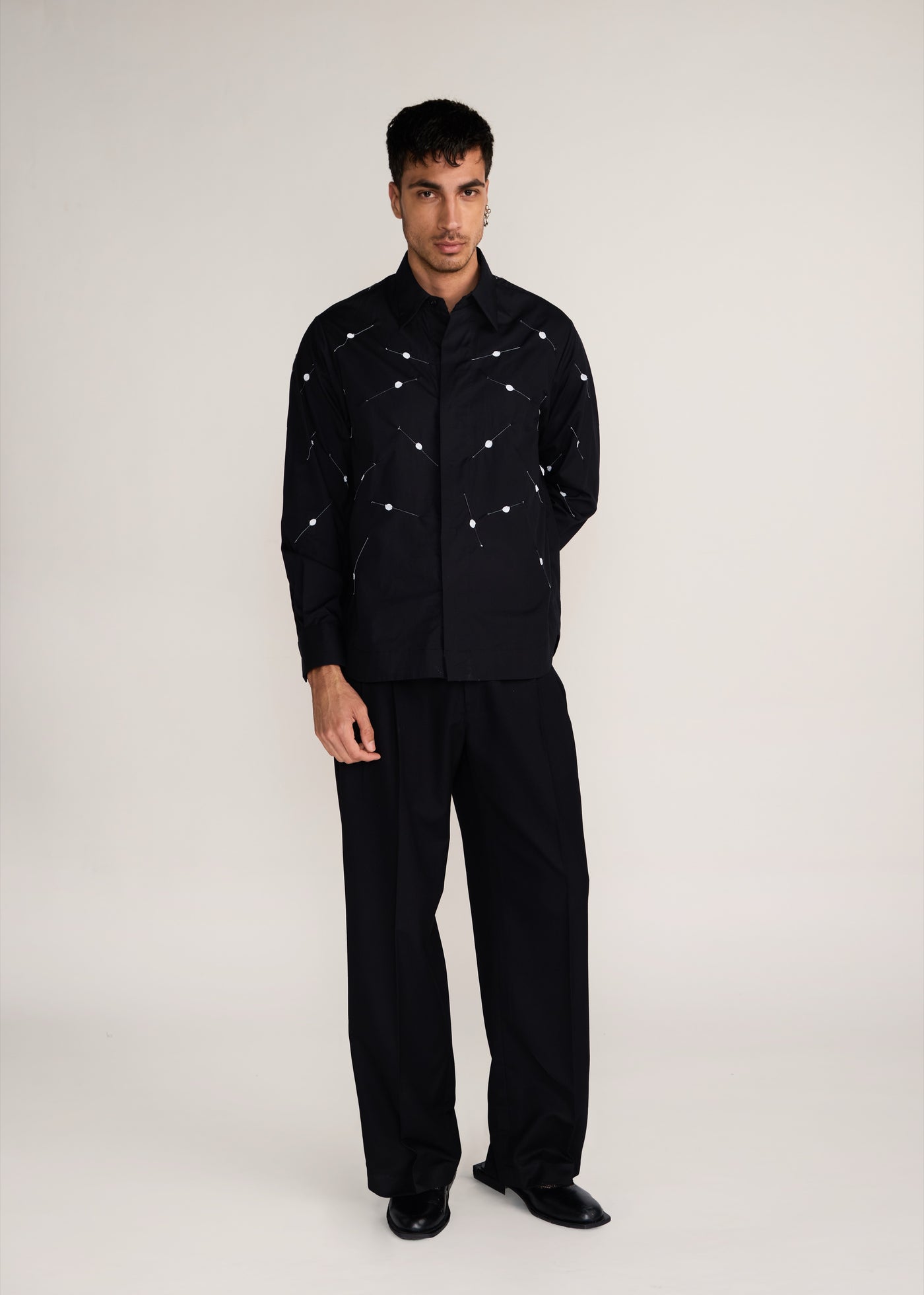 ROSANI The Ittihad shirt in black - black poplin pintuck and disc shirt, front view