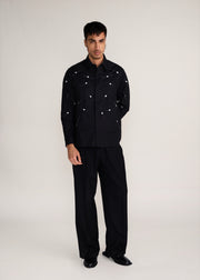 ROSANI The Ittihad shirt in black - black poplin pintuck and disc shirt, front view