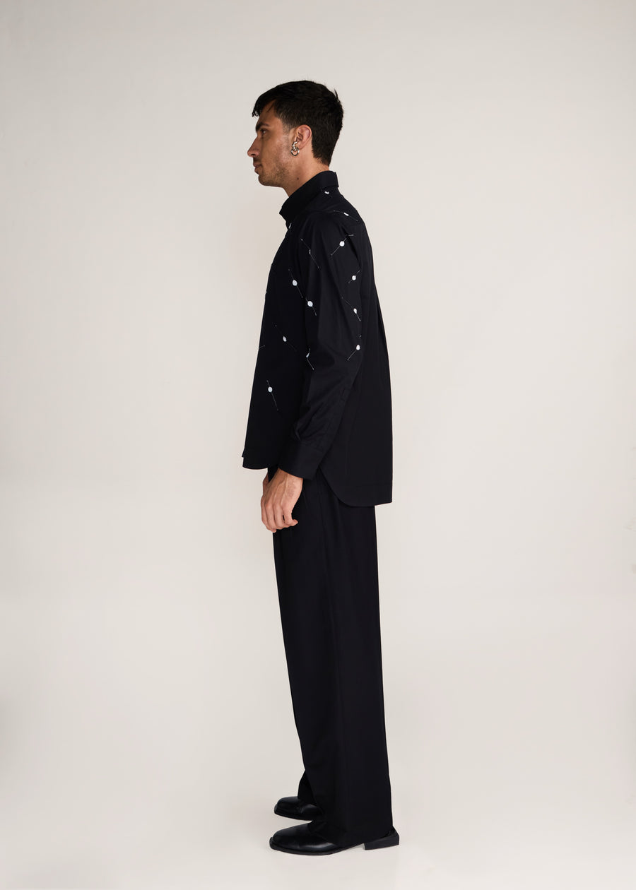 ROSANI The Ittihad shirt in black - black poplin pintuck and disc shirt, side view