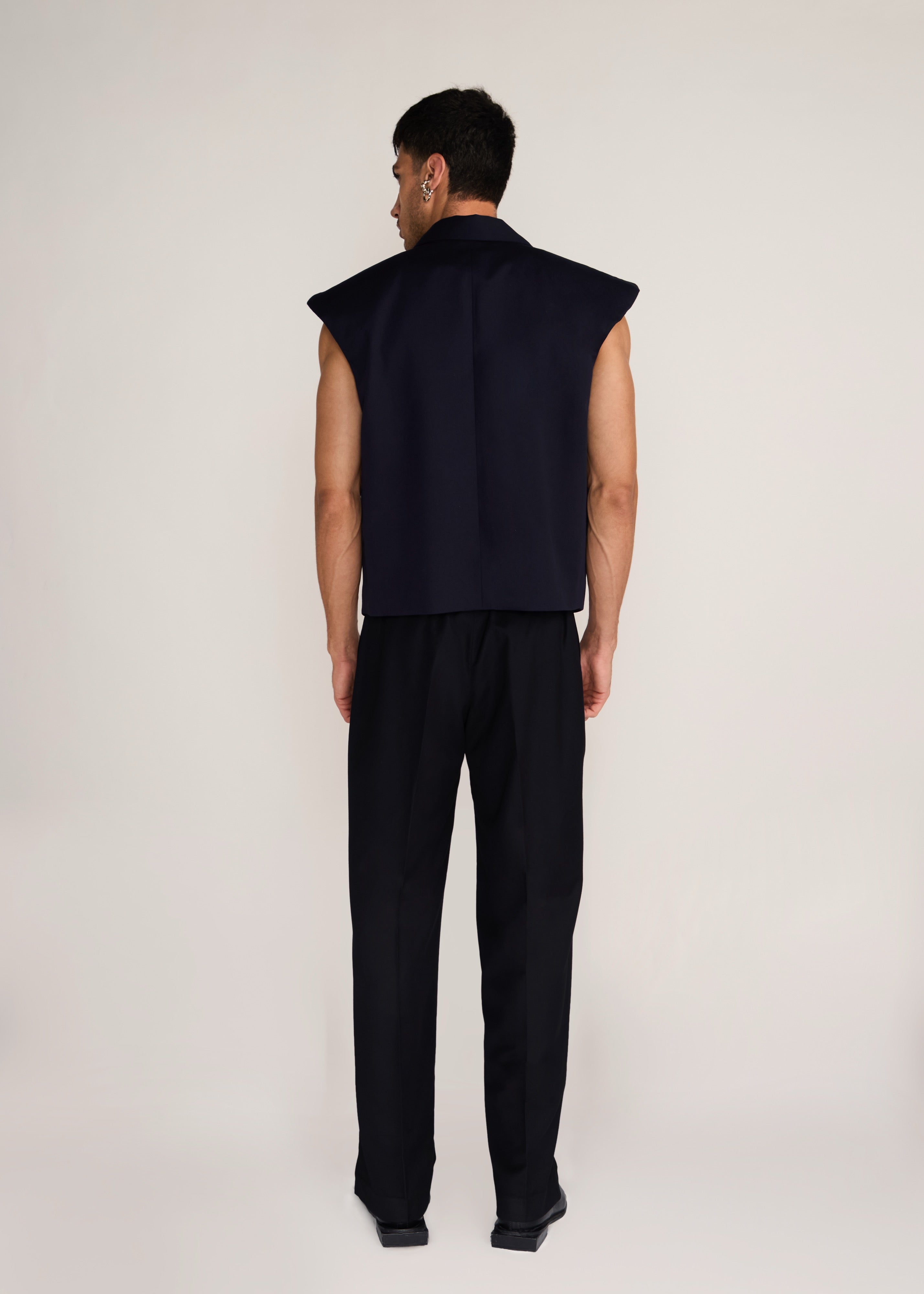 ROSANI The Jonction vest in navy - navy minimal cotton vest with defined shoulder, back view