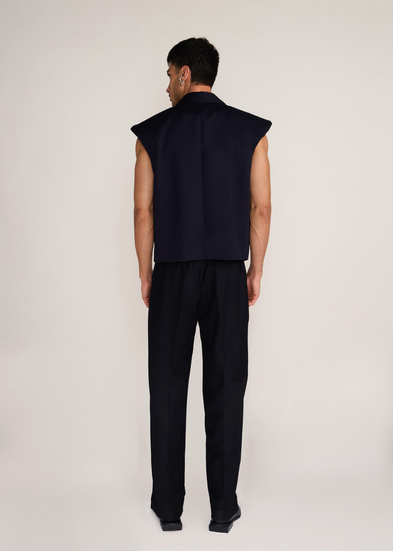 ROSANI The Jonction vest in navy - navy minimal cotton vest with defined shoulder, back view