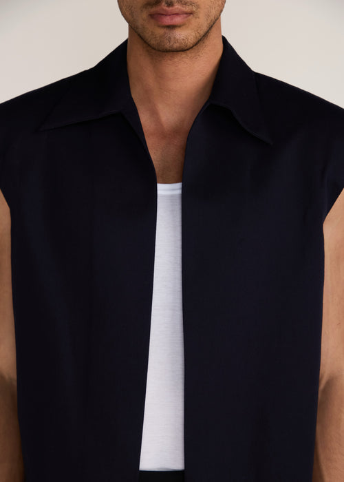 ROSANI The Jonction vest in navy - navy minimal cotton vest with defined shoulder, craft detail