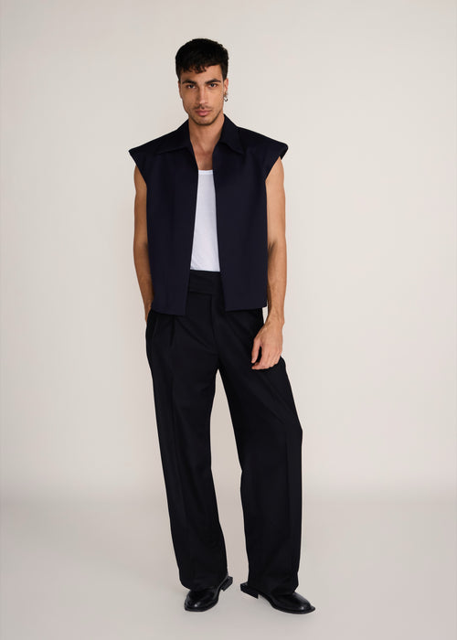 ROSANI The Jonction vest in navy - black minimal cotton vest with defined shoulder, front view