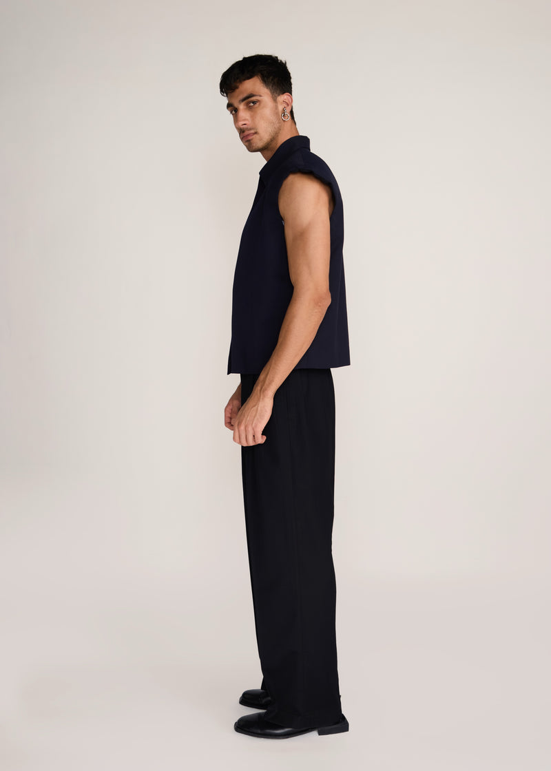 ROSANI The Jonction vest in navy - navy minimal cotton vest with defined shoulder, side view
