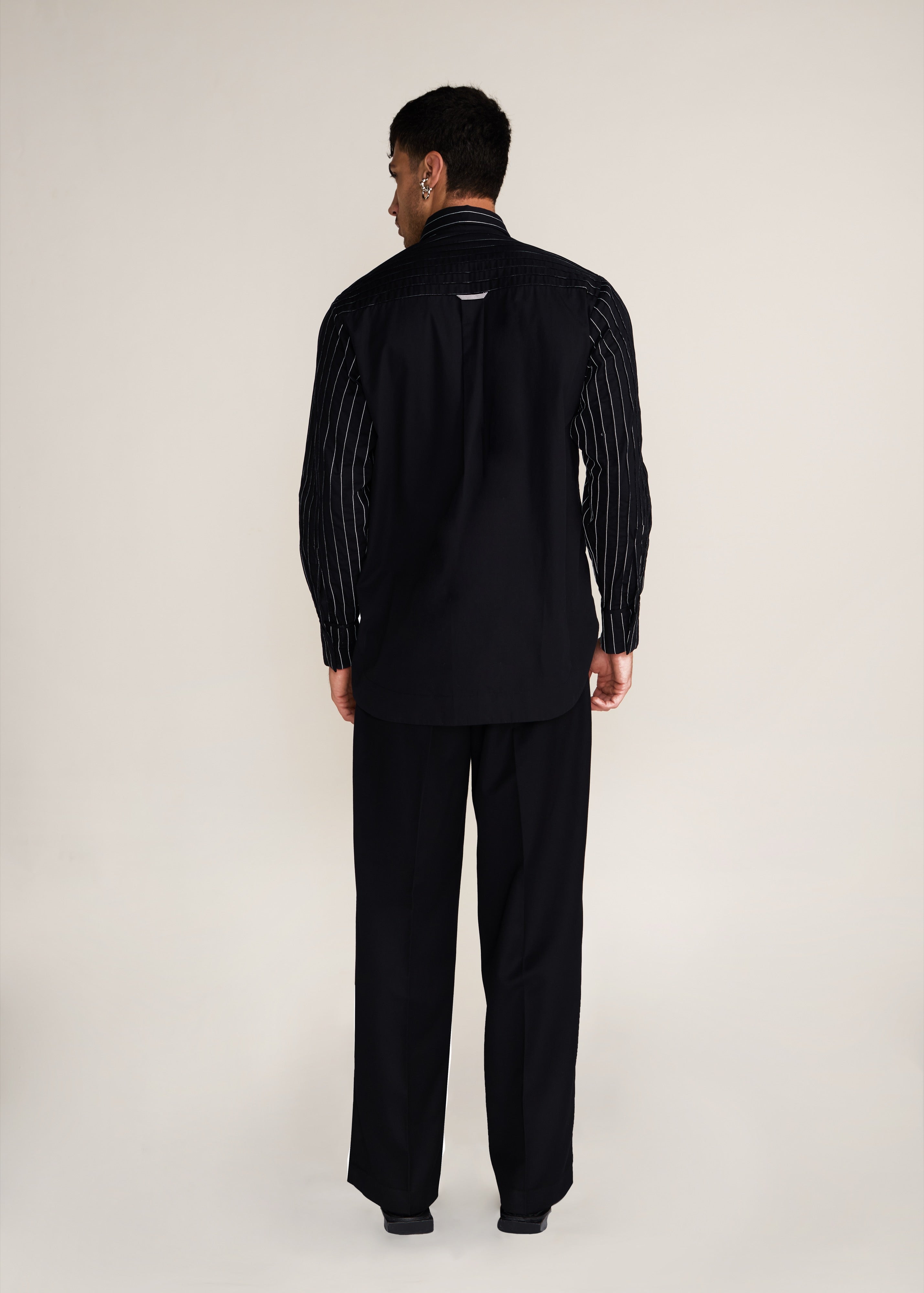 ROSANI The Kisuna shirt in black - black striped shirt with hand-embroidered raw-edge petals, back view