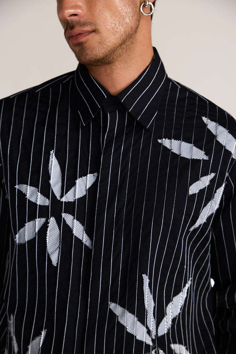 ROSANI The Kisuna shirt in black - black striped shirt with hand-embroidered raw-edge petals, craft detail