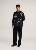 ROSANI The Kisuna shirt in black - black striped shirt with hand-embroidered raw-edge petals, front view