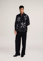 ROSANI The Kisuna shirt in black - black striped shirt with hand-embroidered raw-edge petals, front view