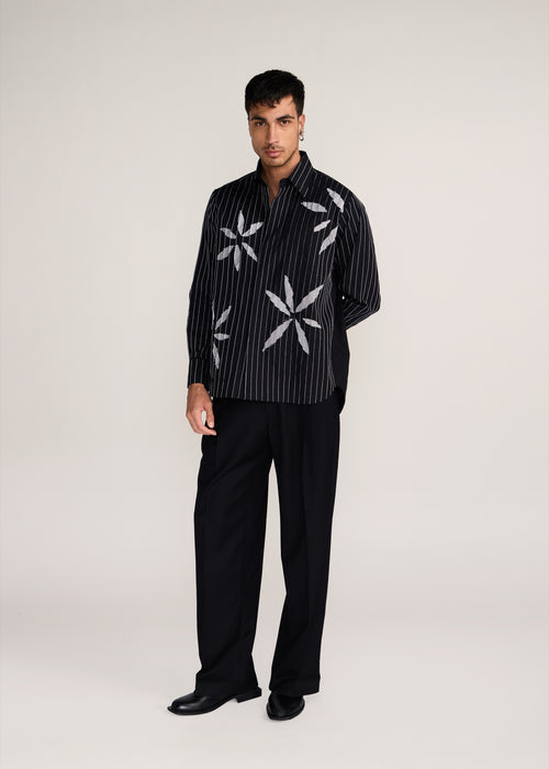 ROSANI The Kisuna shirt in black - black striped shirt with hand-embroidered raw-edge petals, front view