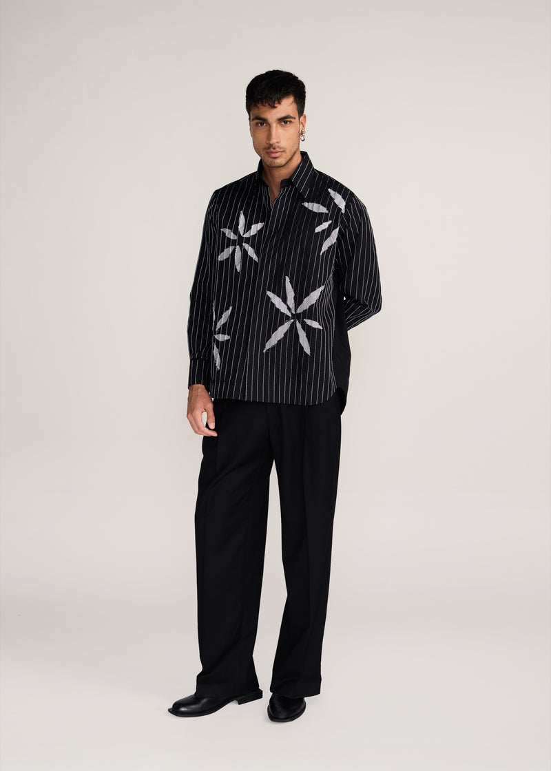 ROSANI The Kisuna shirt in black - black striped shirt with hand-embroidered raw-edge petals, front view