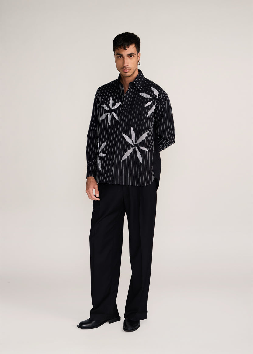 ROSANI The Kisuna shirt in black - black striped shirt with hand-embroidered raw-edge petals, front view