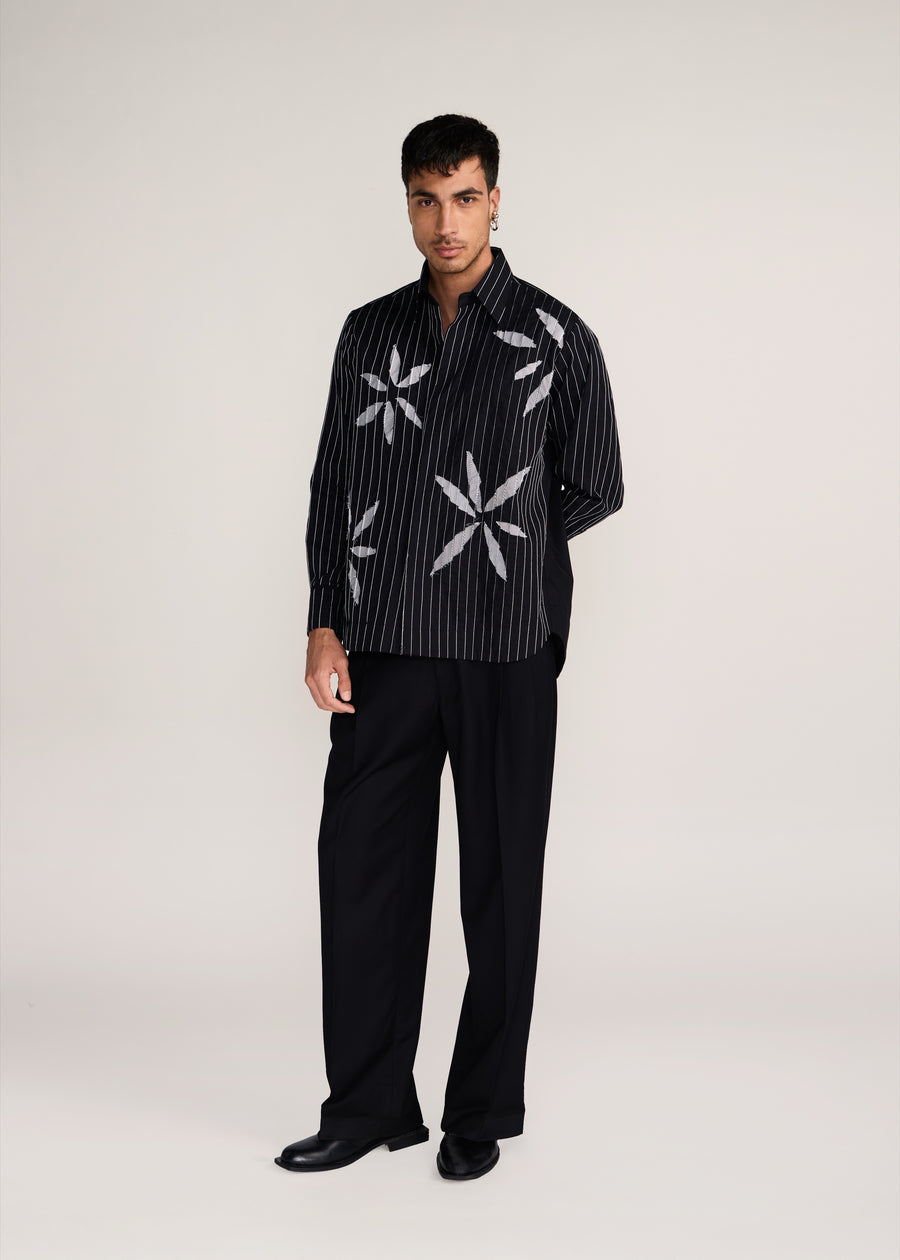 ROSANI The Kisuna shirt in black - black striped shirt with hand-embroidered raw-edge petals, front view