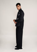 ROSANI The Kisuna shirt in black - black striped shirt with hand-embroidered raw-edge petals, side view