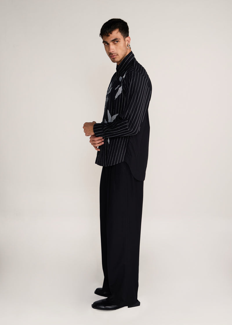 ROSANI The Kisuna shirt in black - black striped shirt with hand-embroidered raw-edge petals, side view