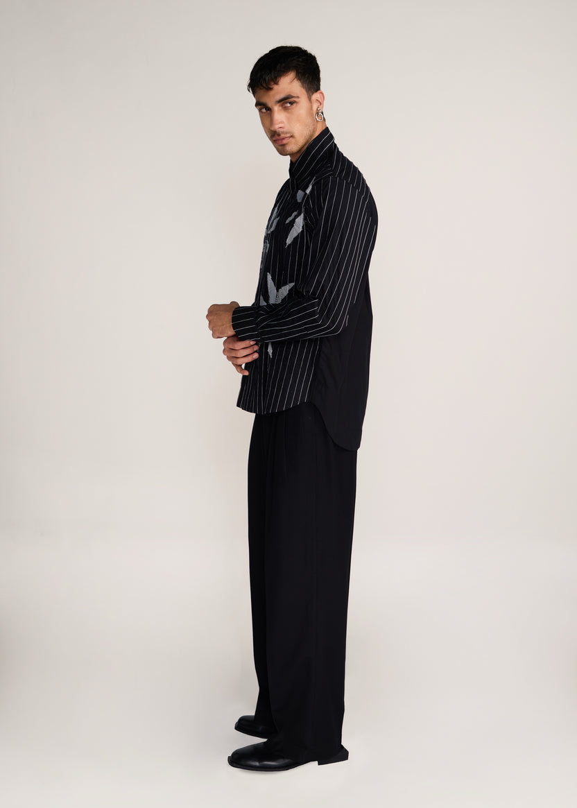 ROSANI The Kisuna shirt in black - black striped shirt with hand-embroidered raw-edge petals, side view