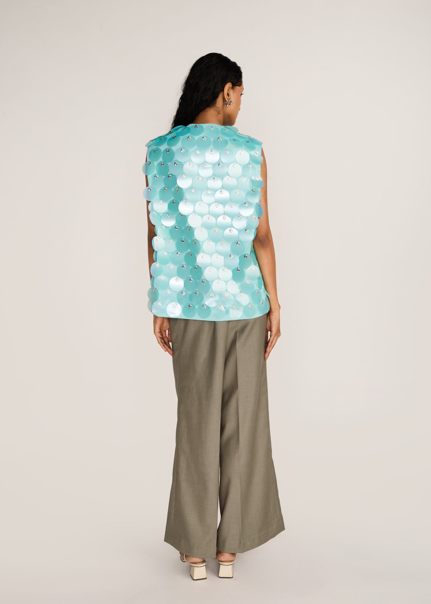 ROSANI The Koinonia top in mint pearl - mint pearl oversized sequin and signature metal disc top, back view