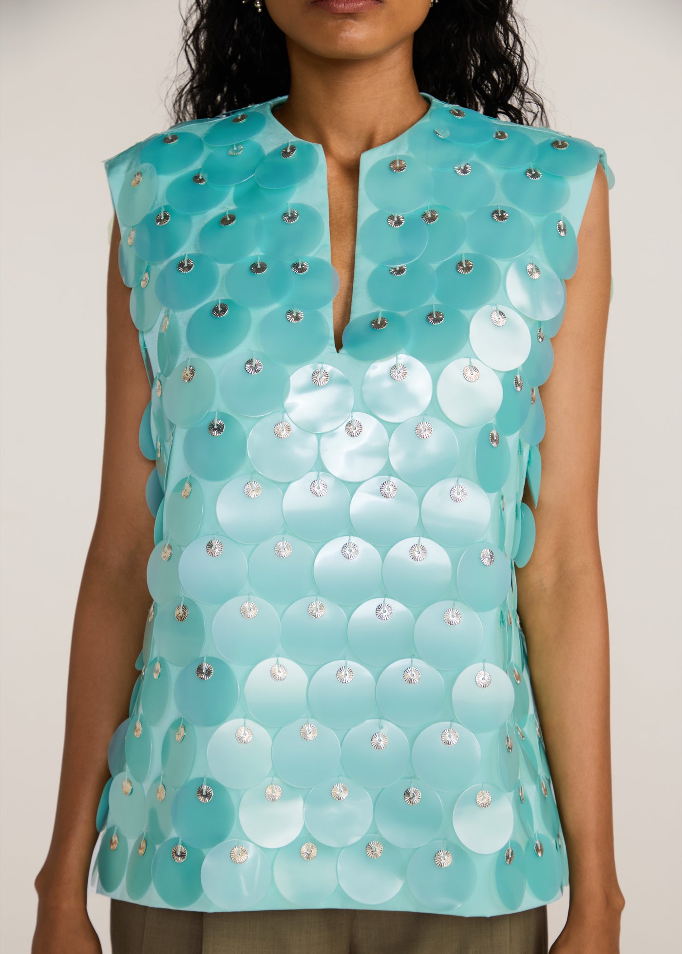 ROSANI The Koinonia top in mint pearl - mint pearl oversized sequin and signature metal disc top, craft detail