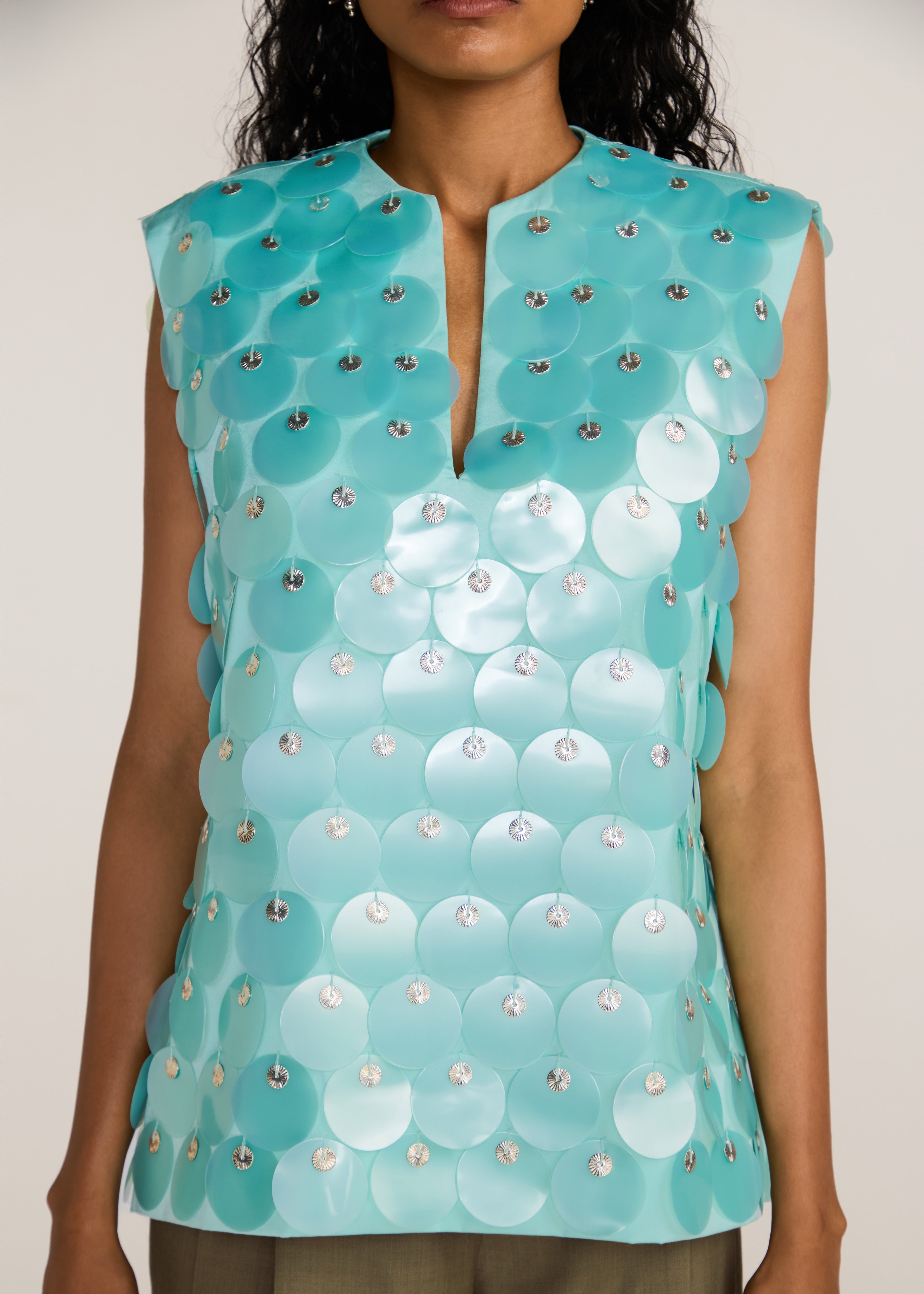ROSANI The Koinonia top in mint pearl - mint pearl oversized sequin and signature metal disc top, craft detail