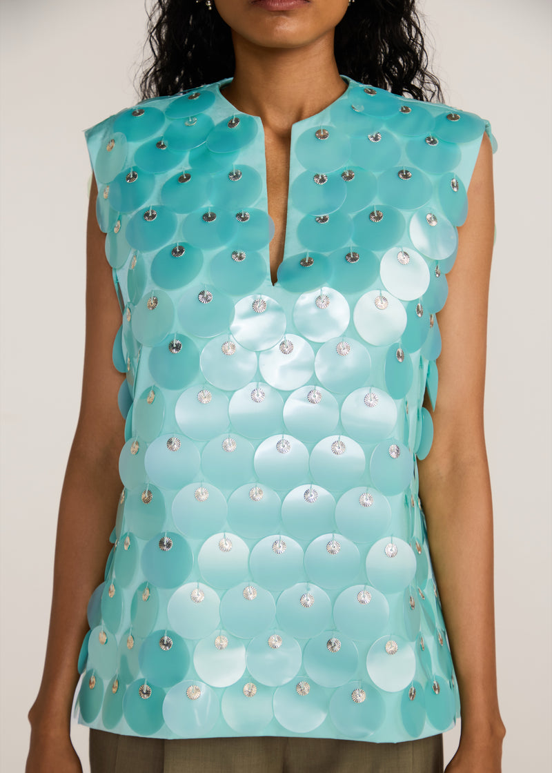 ROSANI The Koinonia top in mint pearl - mint pearl oversized sequin and signature metal disc top, craft detail