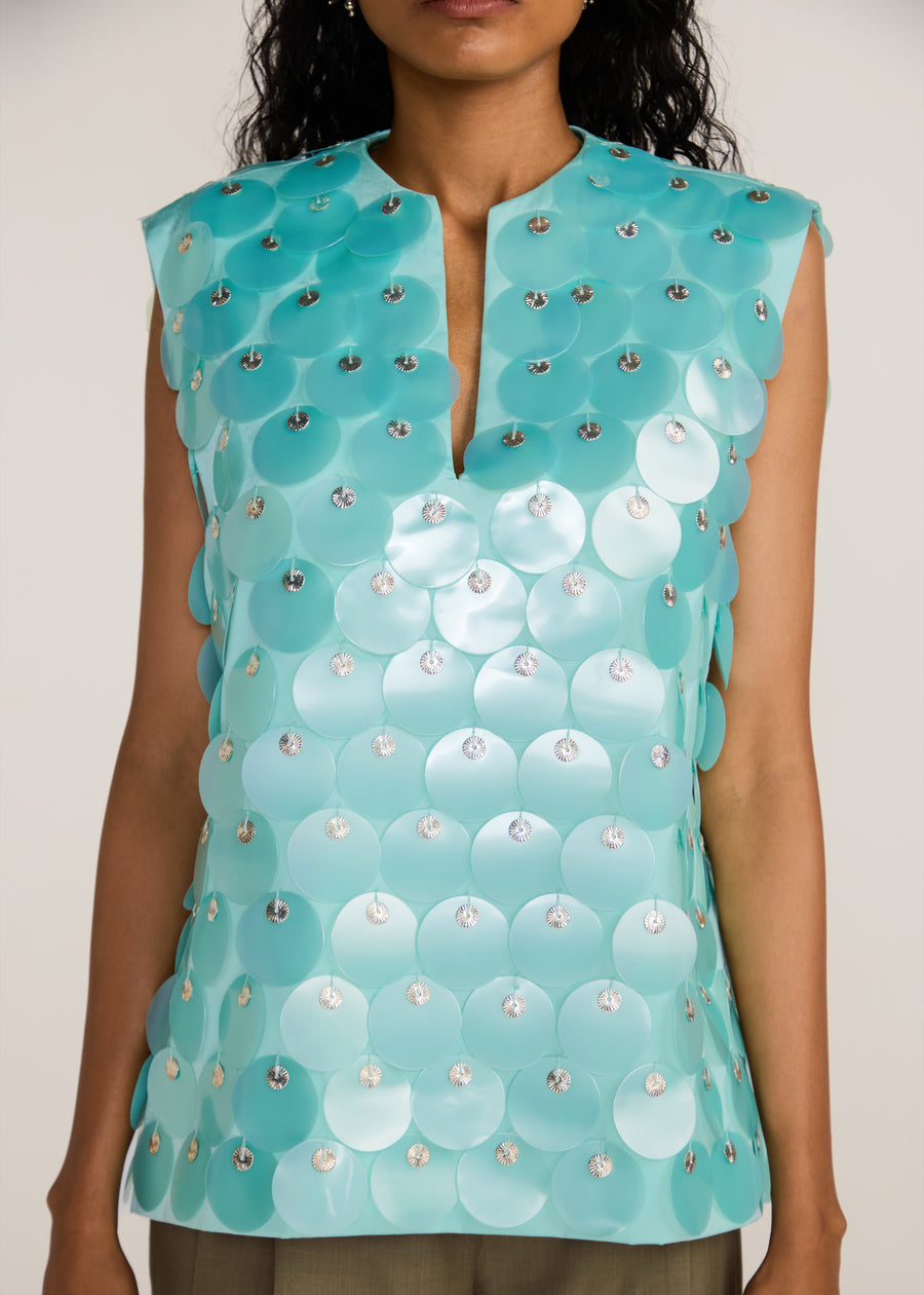 ROSANI The Koinonia top in mint pearl - mint pearl oversized sequin and signature metal disc top, craft detail