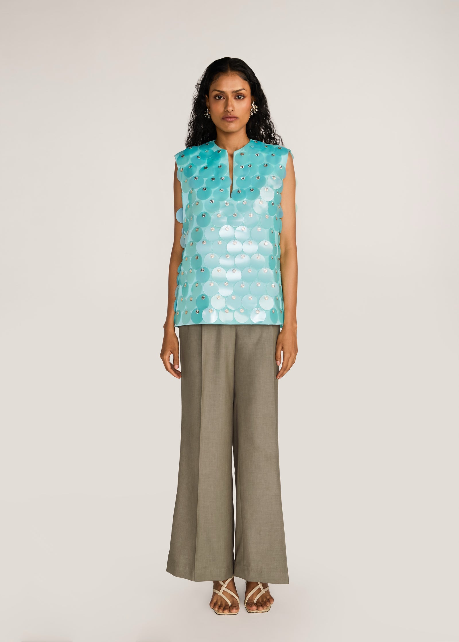 ROSANI The Koinonia top in mint pearl - mint pearl oversized sequin and signature metal disc top, front view