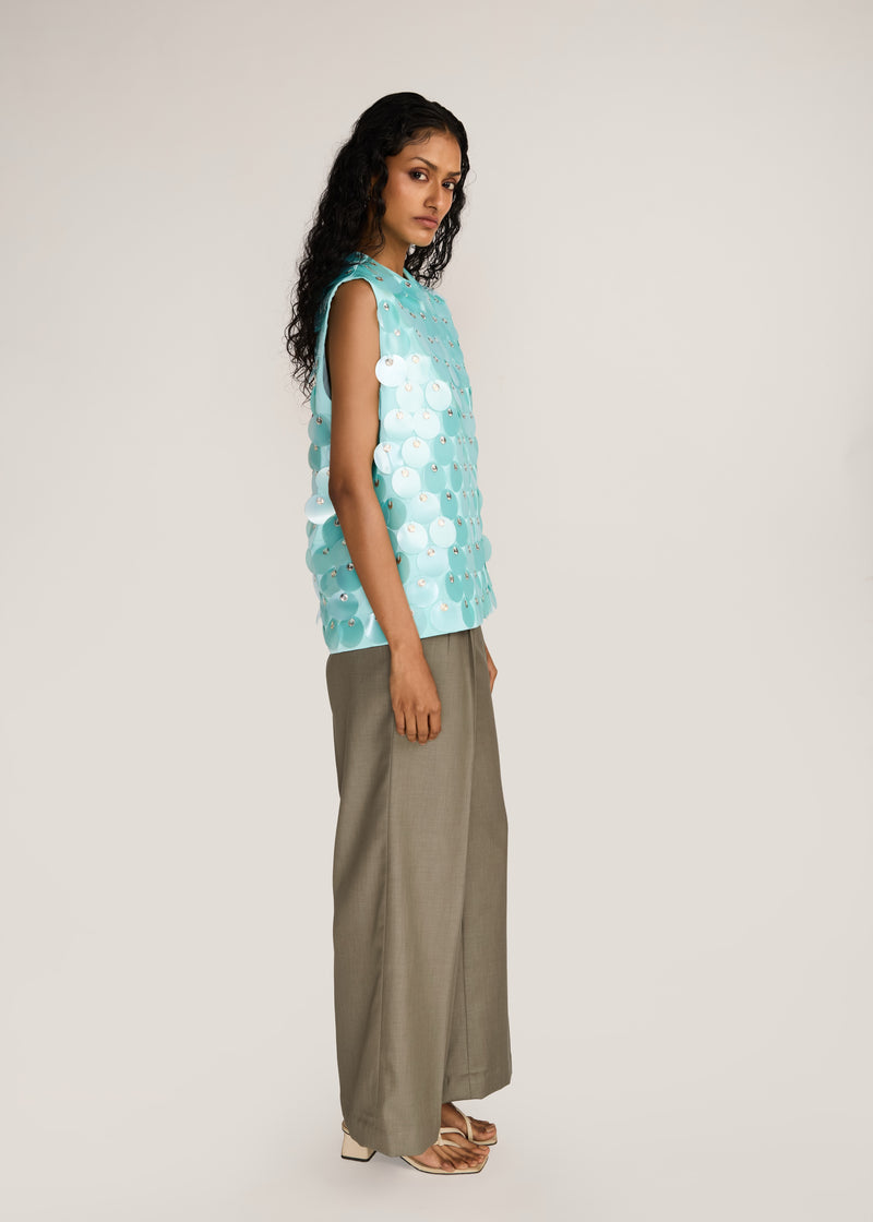 ROSANI The Koinonia top in mint pearl - mint pearl oversized sequin and signature metal disc top, side view