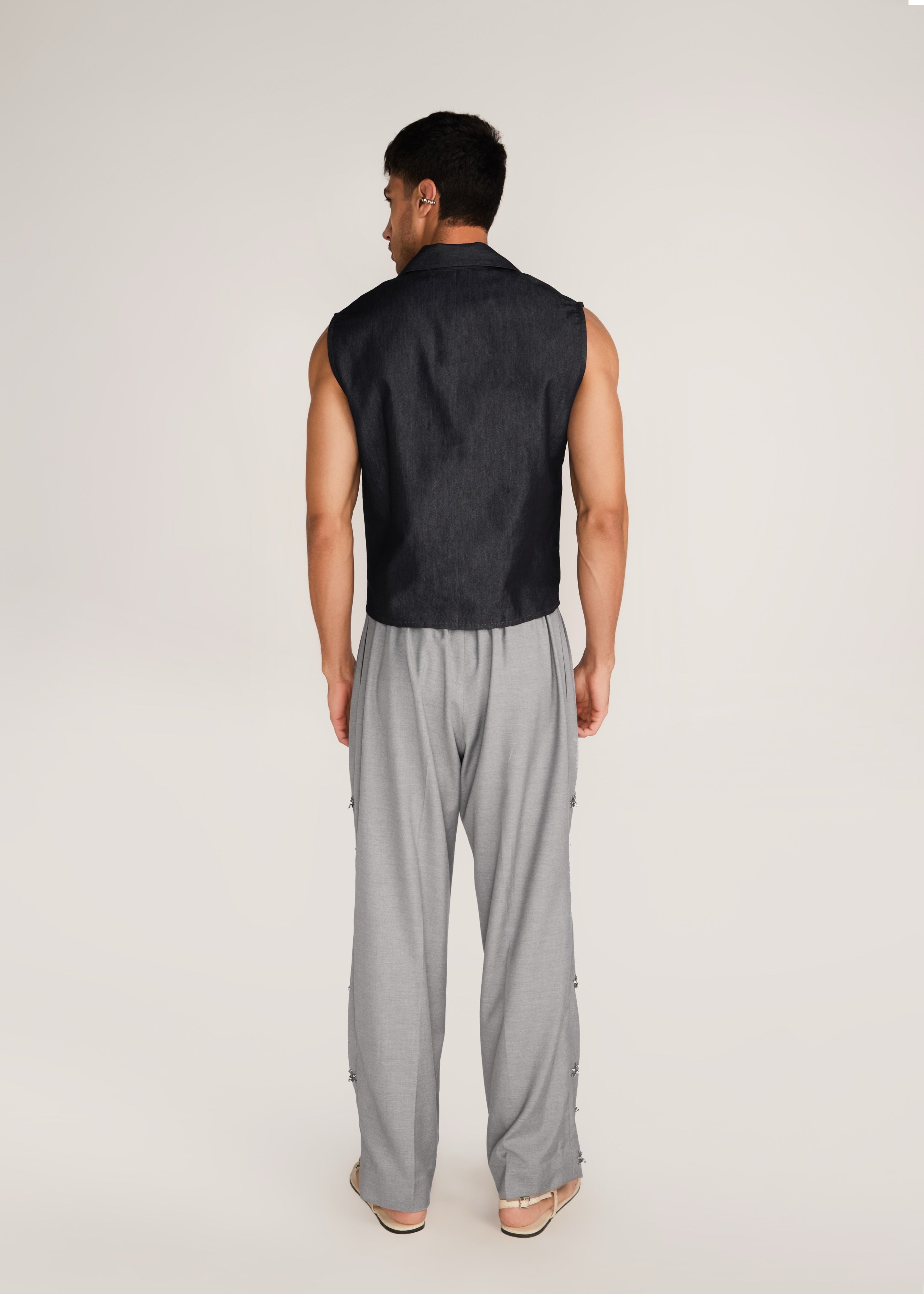 ROSANI The Kōryū vest in charcoal - charcoal extra-light denim vest, back view