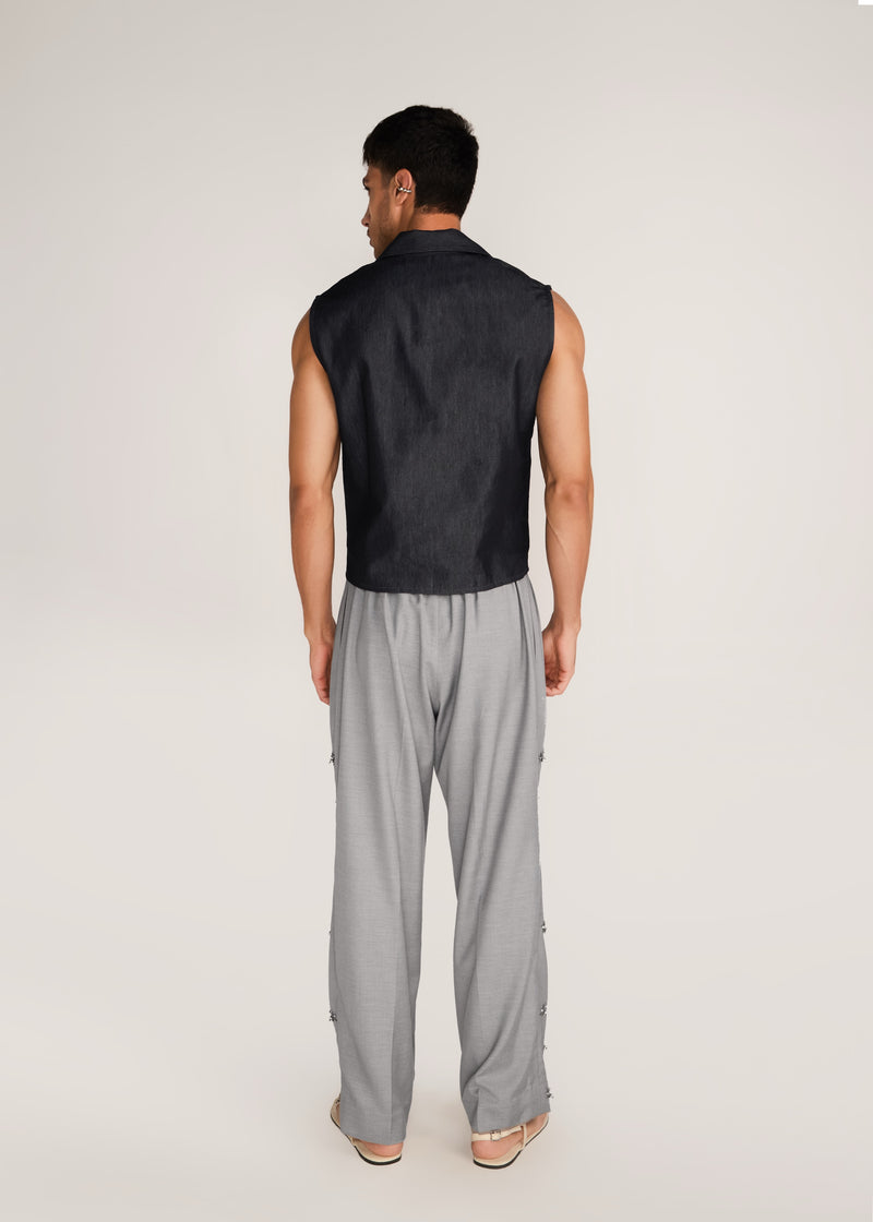 ROSANI The Kōryū vest in charcoal - charcoal extra-light denim vest, back view