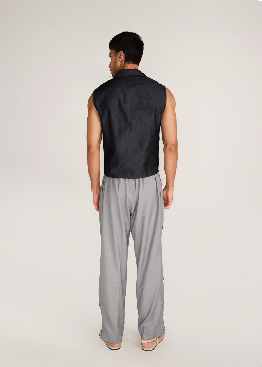 ROSANI The Kōryū vest in charcoal - charcoal extra-light denim vest, back view