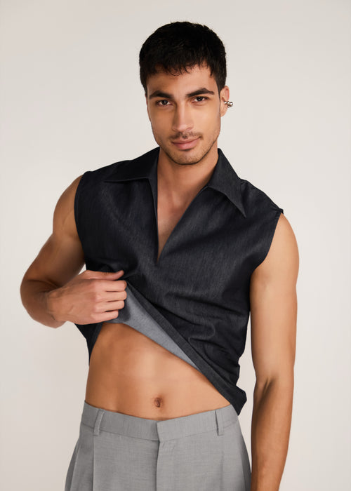 ROSANI The Kōryū vest in charcoal - charcoal extra-light denim vest, craft detail
