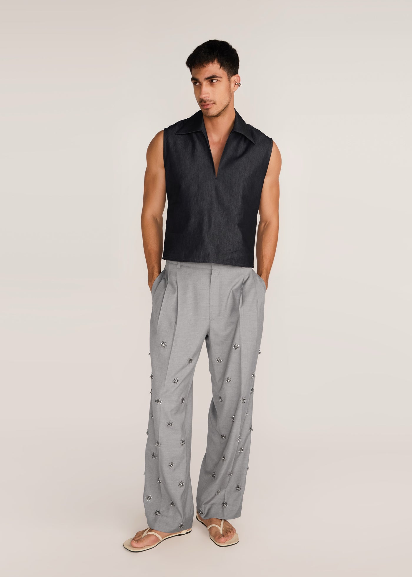 ROSANI The Kōryū vest in charcoal - charcoal extra-light denim vest, front view