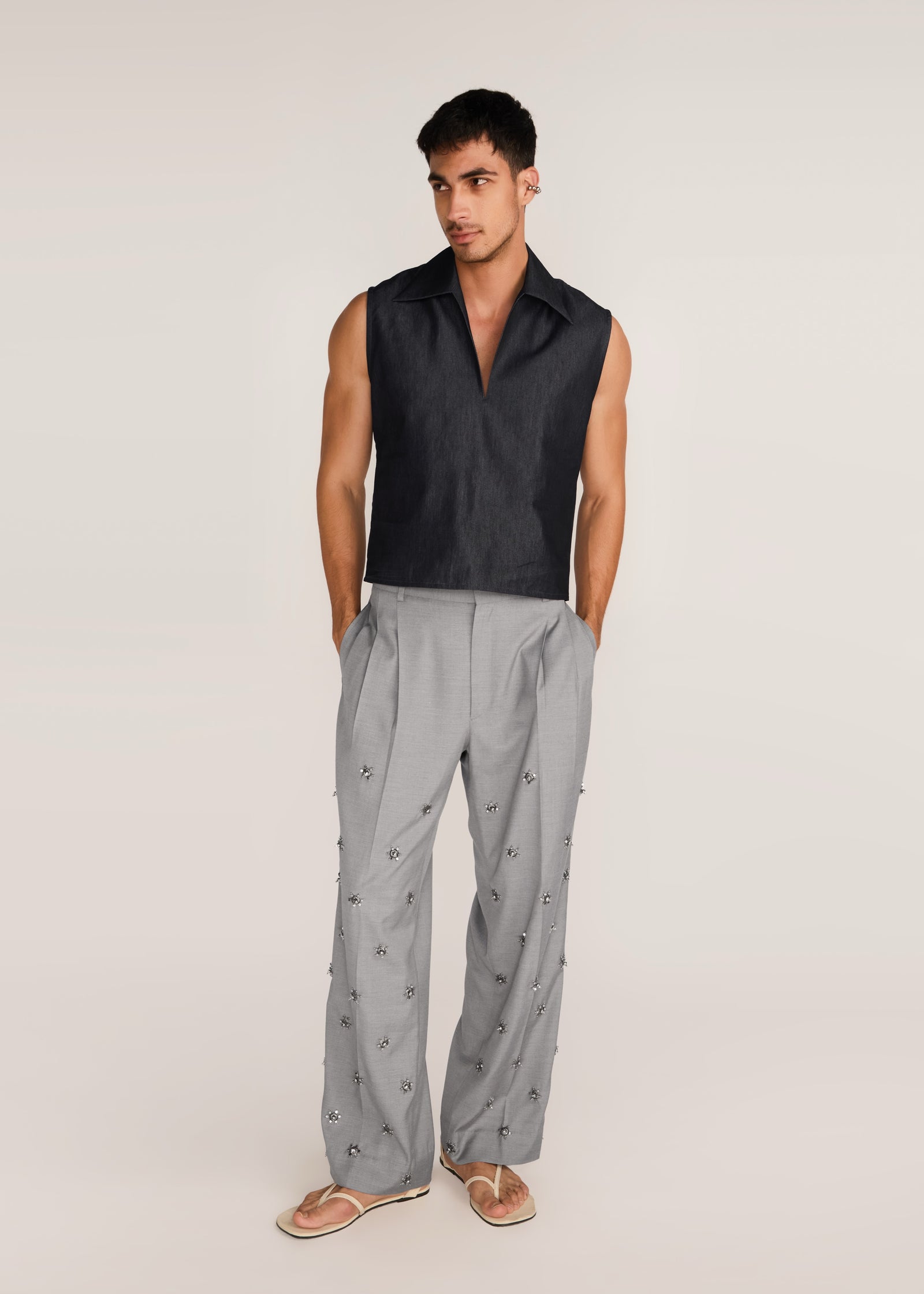 ROSANI The Kōryū vest in charcoal - charcoal extra-light denim vest, front view