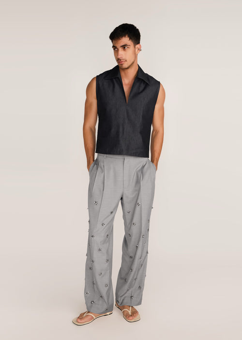 ROSANI The Kōryū vest in charcoal - charcoal extra-light denim vest, front view