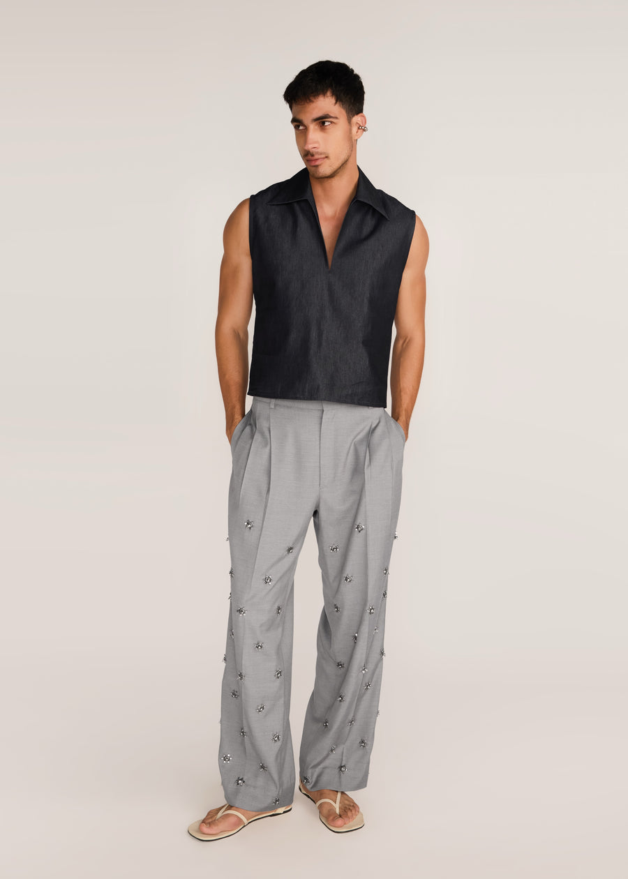 ROSANI The Kōryū vest in charcoal - charcoal extra-light denim vest, front view