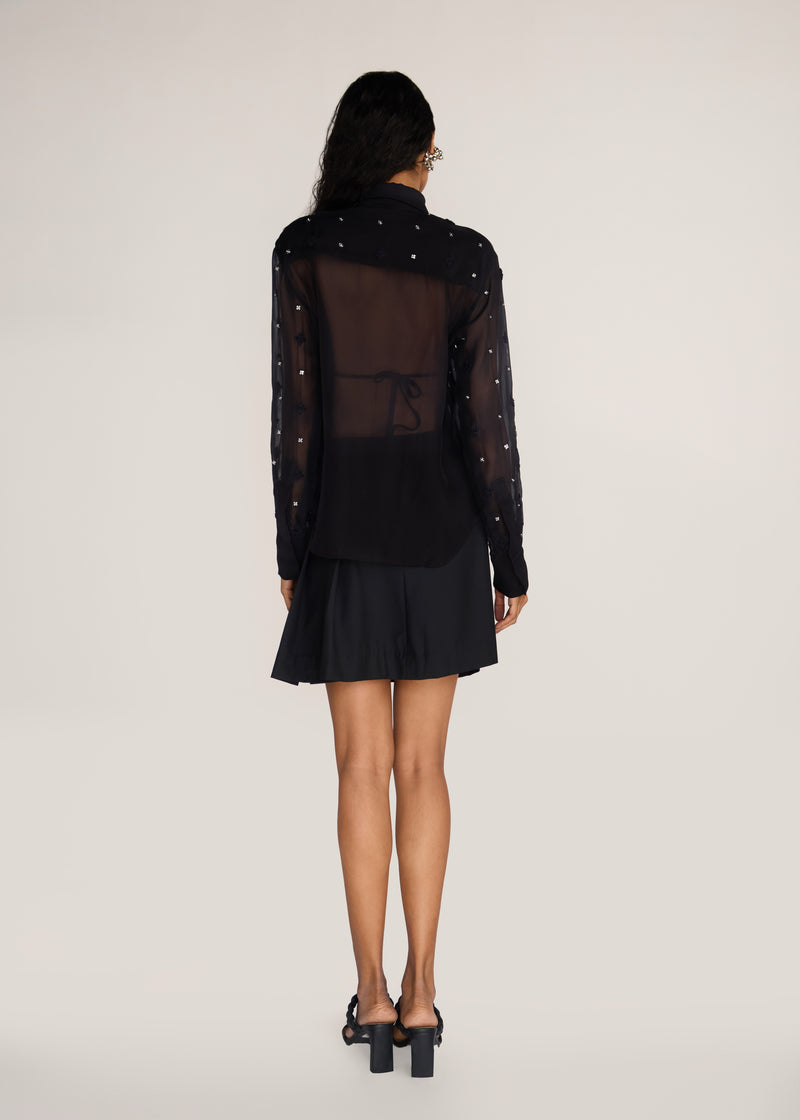 ROSANI The Liminal shirt in black - black viscose organza shirt with tonal threadwork and signature snap buttons, back view