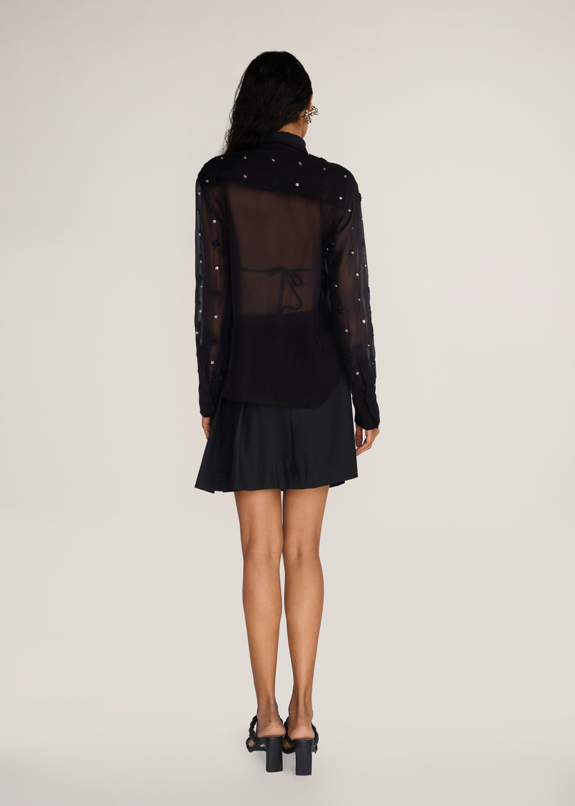 ROSANI The Liminal shirt in black - black viscose organza shirt with tonal threadwork and signature snap buttons, back view