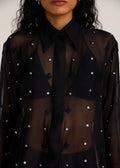 ROSANI The Liminal shirt in black - black viscose organza shirt with tonal threadwork and signature snap buttons, craft detail