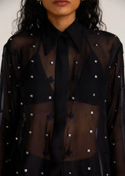 ROSANI The Liminal shirt in black - black viscose organza shirt with tonal threadwork and signature snap buttons, craft detail