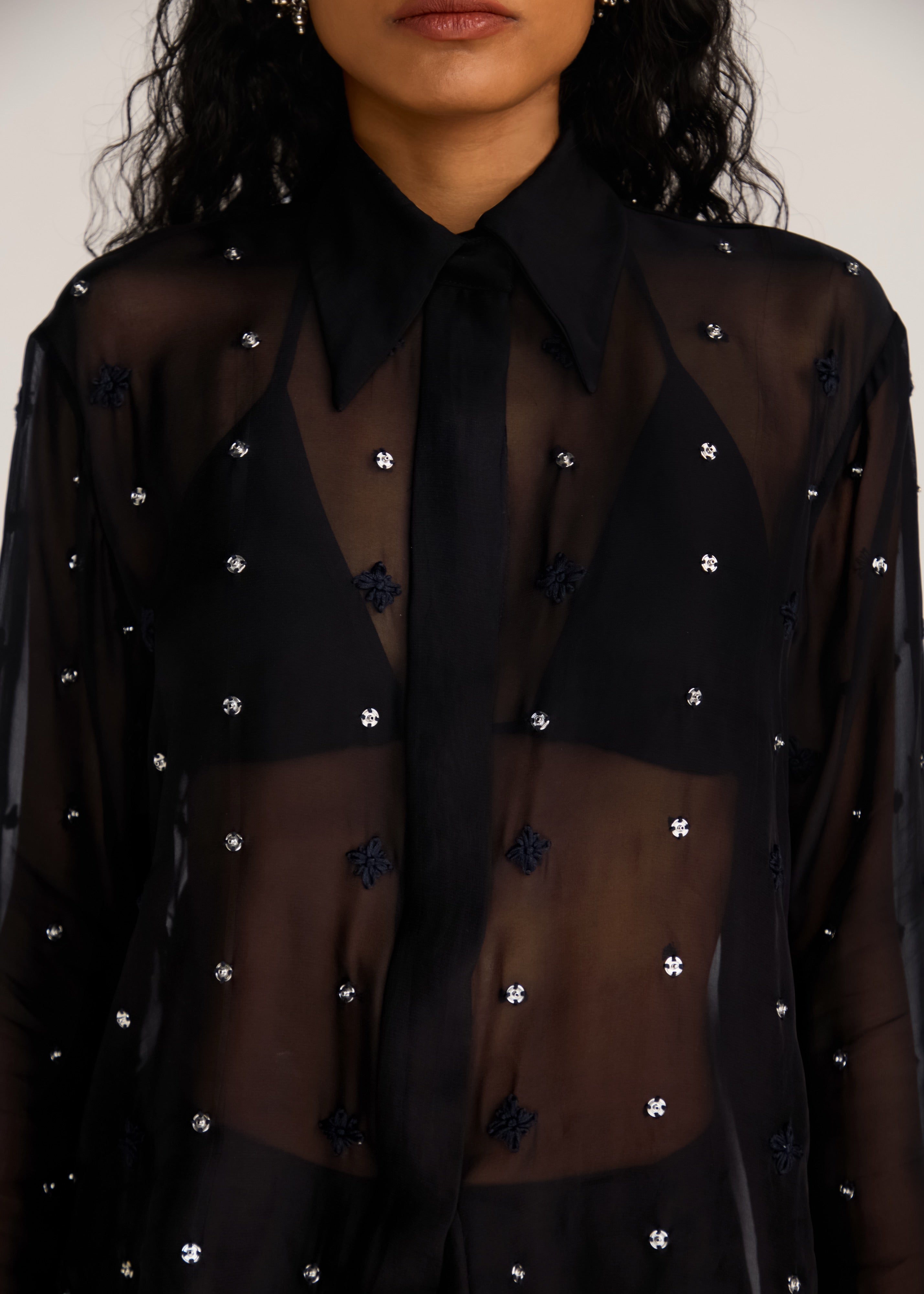 ROSANI The Liminal shirt in black - black viscose organza shirt with tonal threadwork and signature snap buttons, craft detail