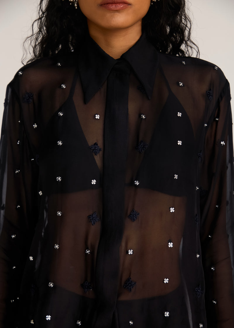 ROSANI The Liminal shirt in black - black viscose organza shirt with tonal threadwork and signature snap buttons, craft detail