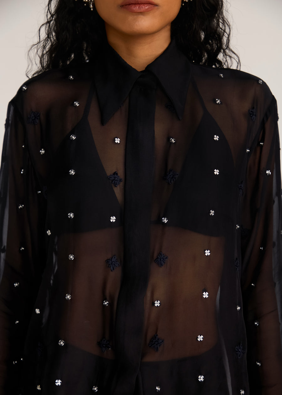 ROSANI The Liminal shirt in black - black viscose organza shirt with tonal threadwork and signature snap buttons, craft detail